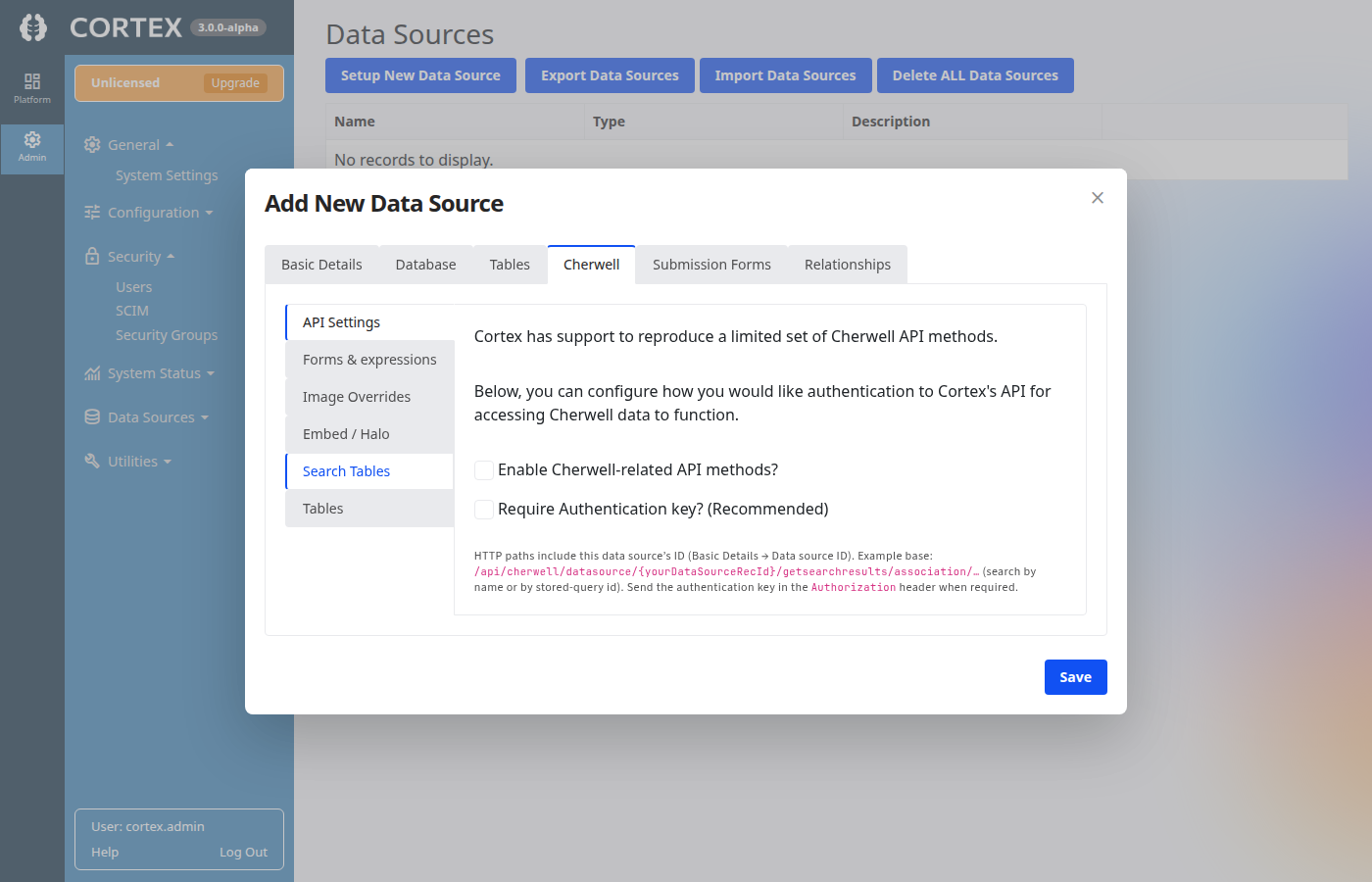 Cherwell tab in the data source editor