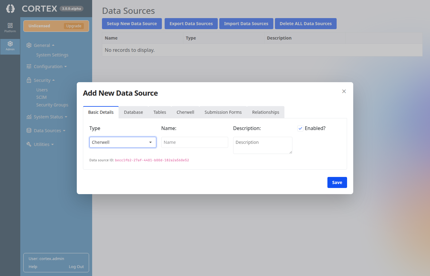 Add or edit data source with Type set to Cherwell