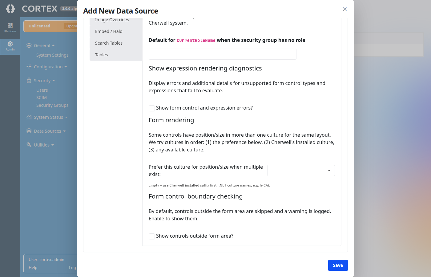 Show controls outside form area checkbox