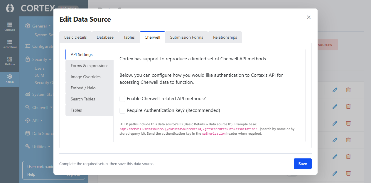 Cherwell tab in the data source editor