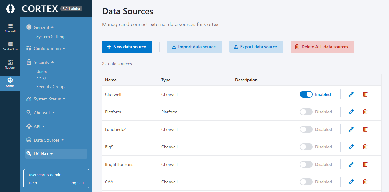 Data Sources under Admin navigation