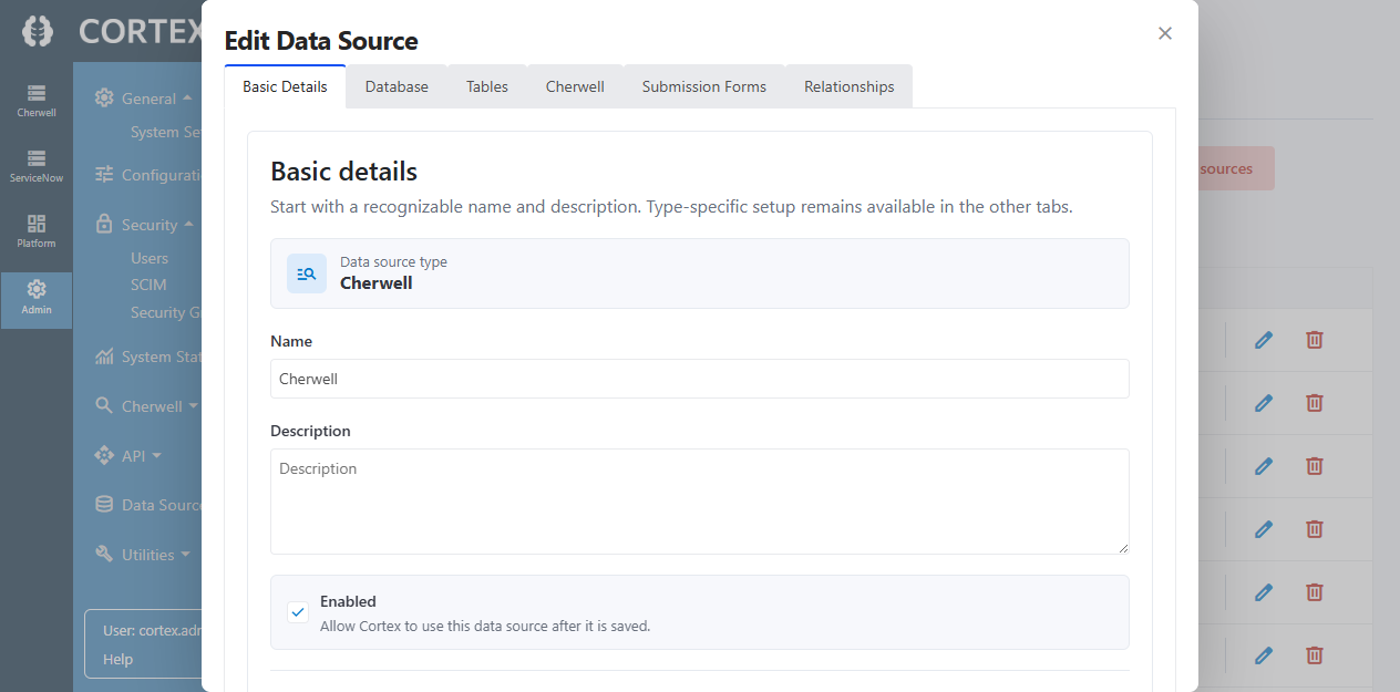 Edit Cherwell data source in the Data Sources table