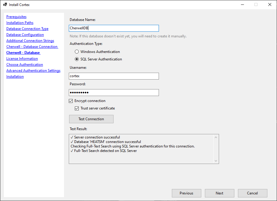 CSM database configuration