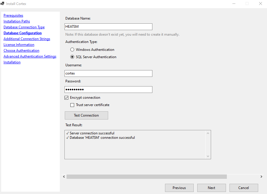 Database configuration screen