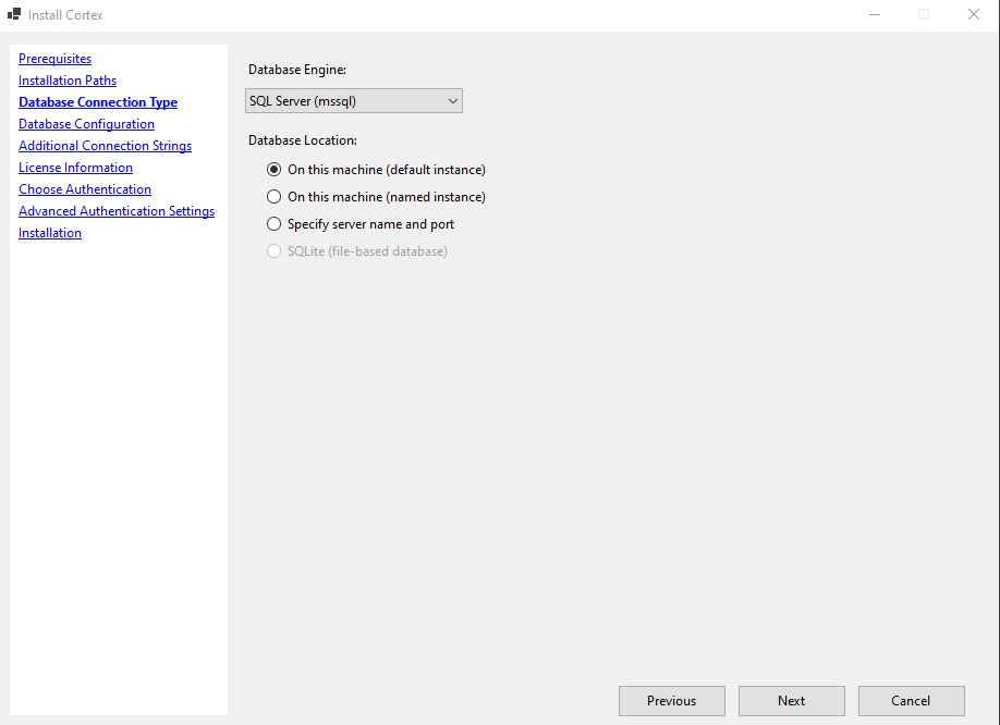 Database connection type screen