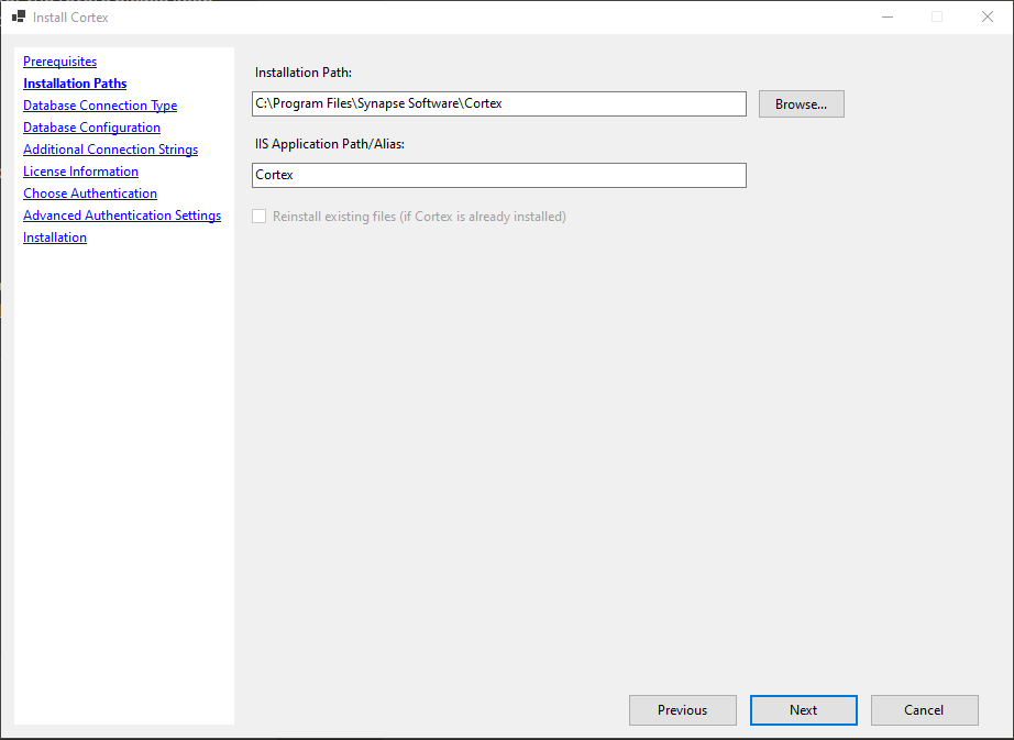 Installation paths screen