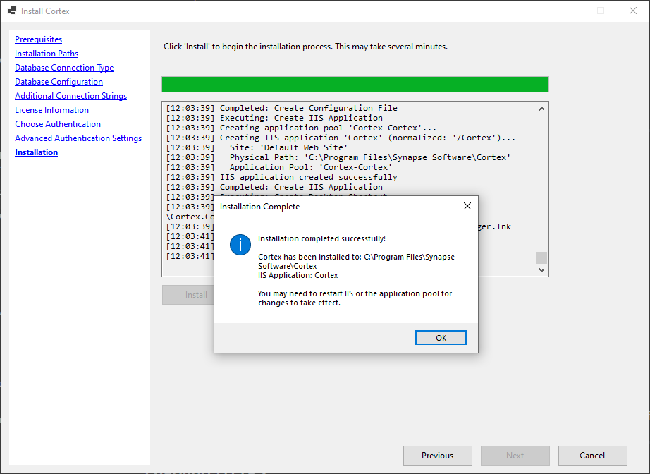 Installation summary screen