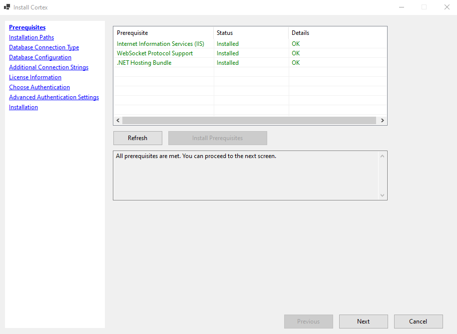 Installer prerequisites screen