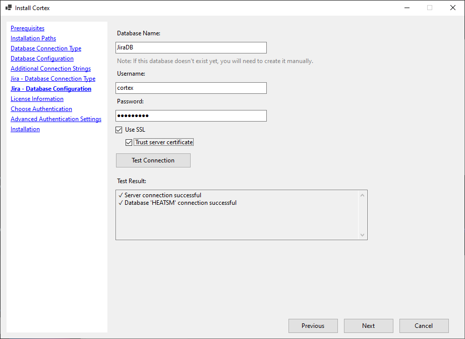 JSM database configuration