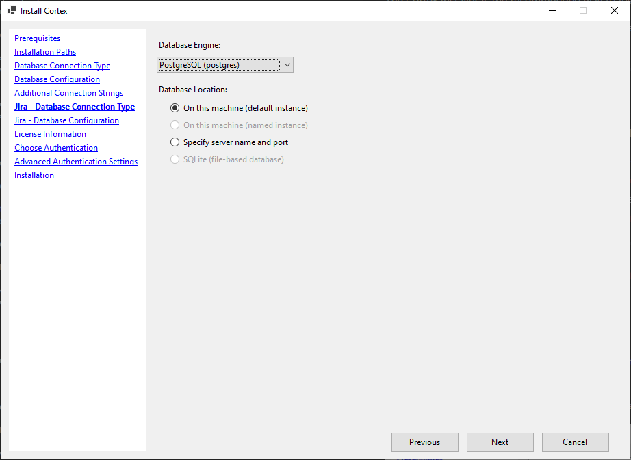 JSM database connection type
