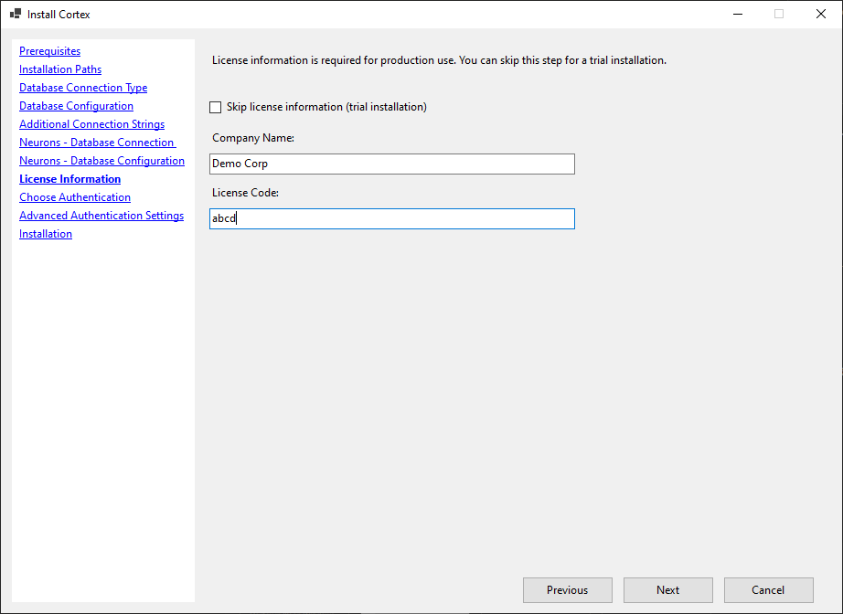License information screen