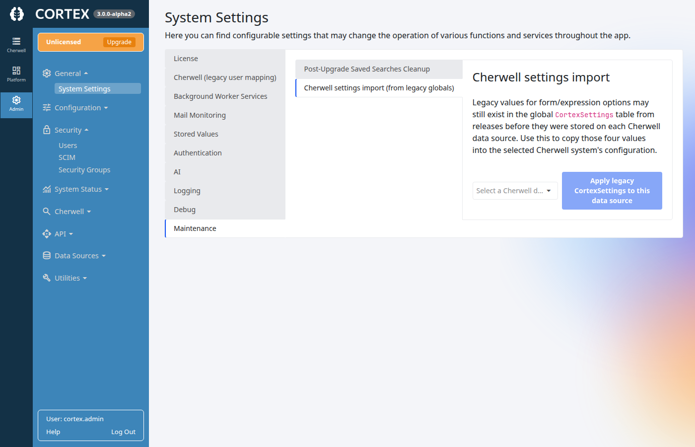 Cherwell settings import under Admin, System Settings, Maintenance