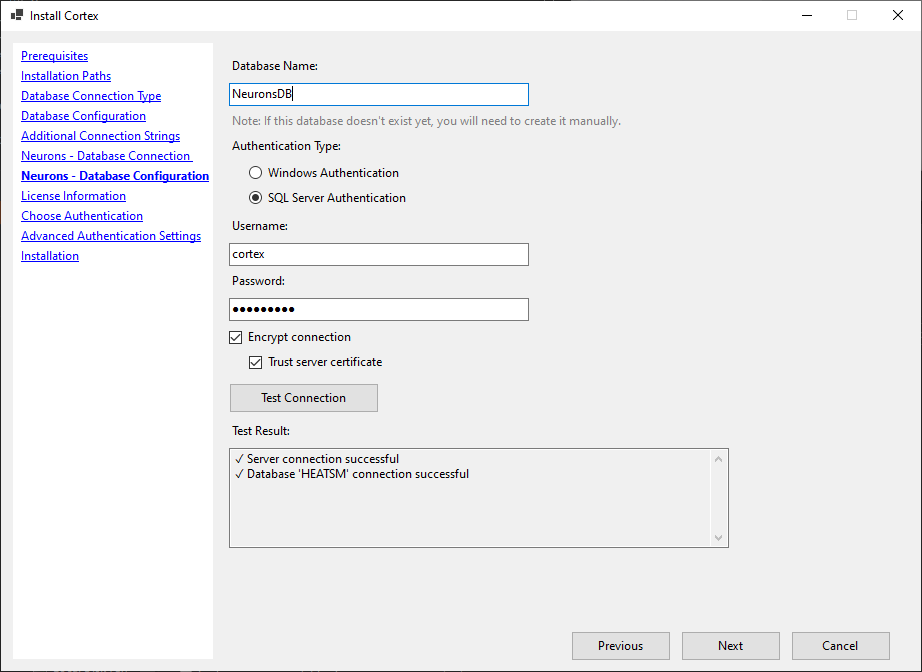 Neurons database configuration