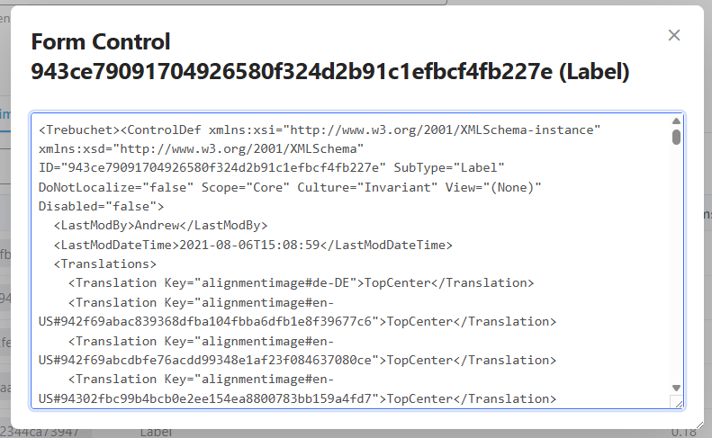 Form control XML popup