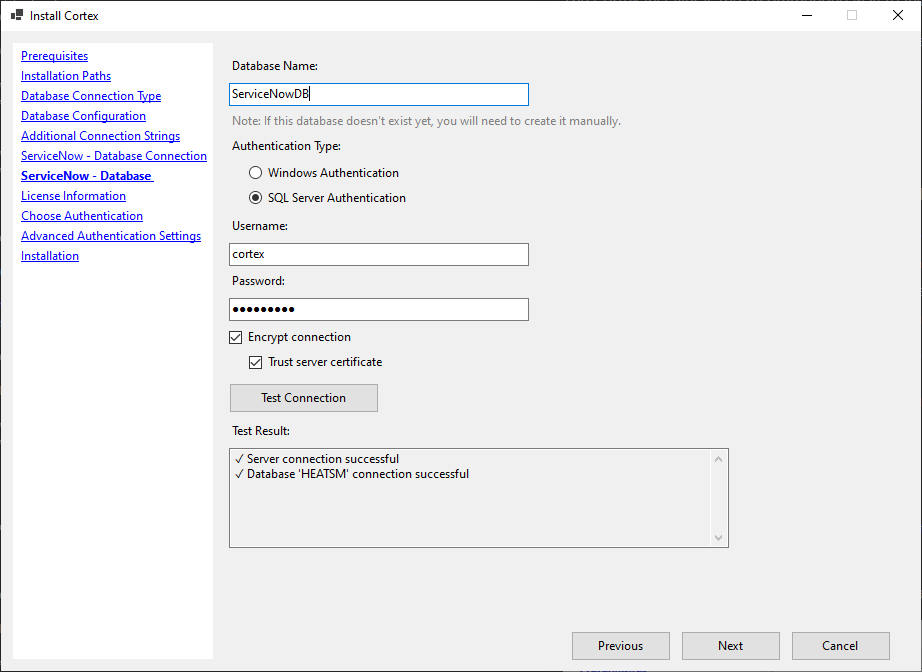 SNOW database configuration