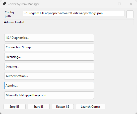 Cortex System Manager main window with Admins option