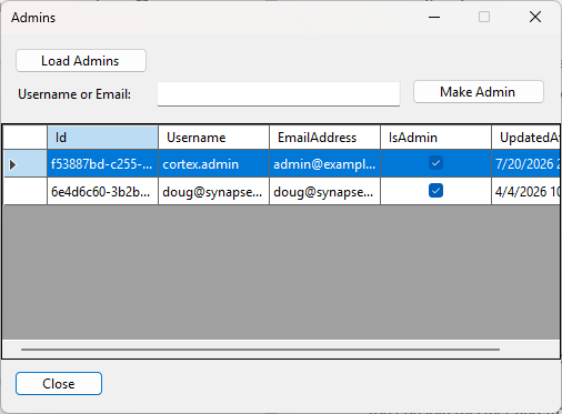 Admins dialog in Cortex System Manager