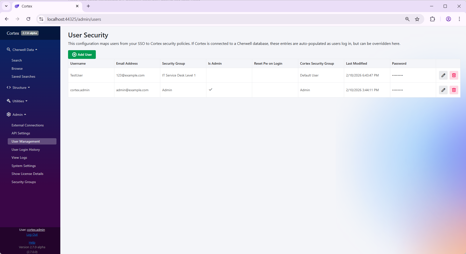 User Management Screen